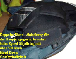 Doppelte Riser - Abdeckung fr
die Haupttragegurte, bewhrt 
beim Speed Skydiving mit 
ber 500 km/h
Head Down 
Geschwindigkeit