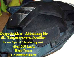 Doppelte Riser - Abdeckung fr
die Haupttragegurte, bewhrt 
beim Speed Skydiving mit 
ber 500 km/h
Head Down 
Geschwindigkeit