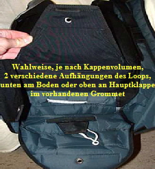 Wahlweise, je nach Kappenvolumen,
2 verschiedene Aufhngungen des Loops,
unten am Boden oder oben an Hauptklappe
im vorhandenen Grommet